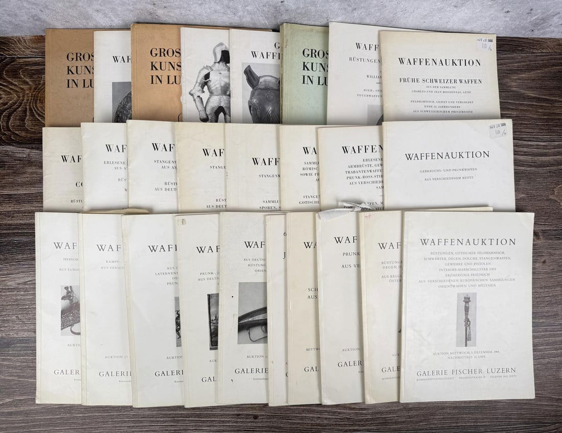 Galerie Fischer Switzerland Auction Catalogs: 1950's-1960's. The catalogs cover European weaponry, including swords, daggers, armor sets, and firearms. These documents detail sales of early Swiss weapons and armor from the late 16th century, alon