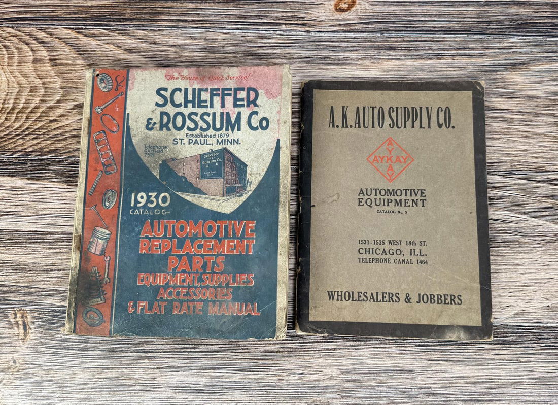 1930s Automotive Supply Catalogs: Includes a 1930 edition from Scheffer & Rossum Co. and a Catalog No. 5 from A.K. Auto Supply Co. The Scheffer & Rossum catalog features automotive replacement parts, equipment, supplies, accessories,