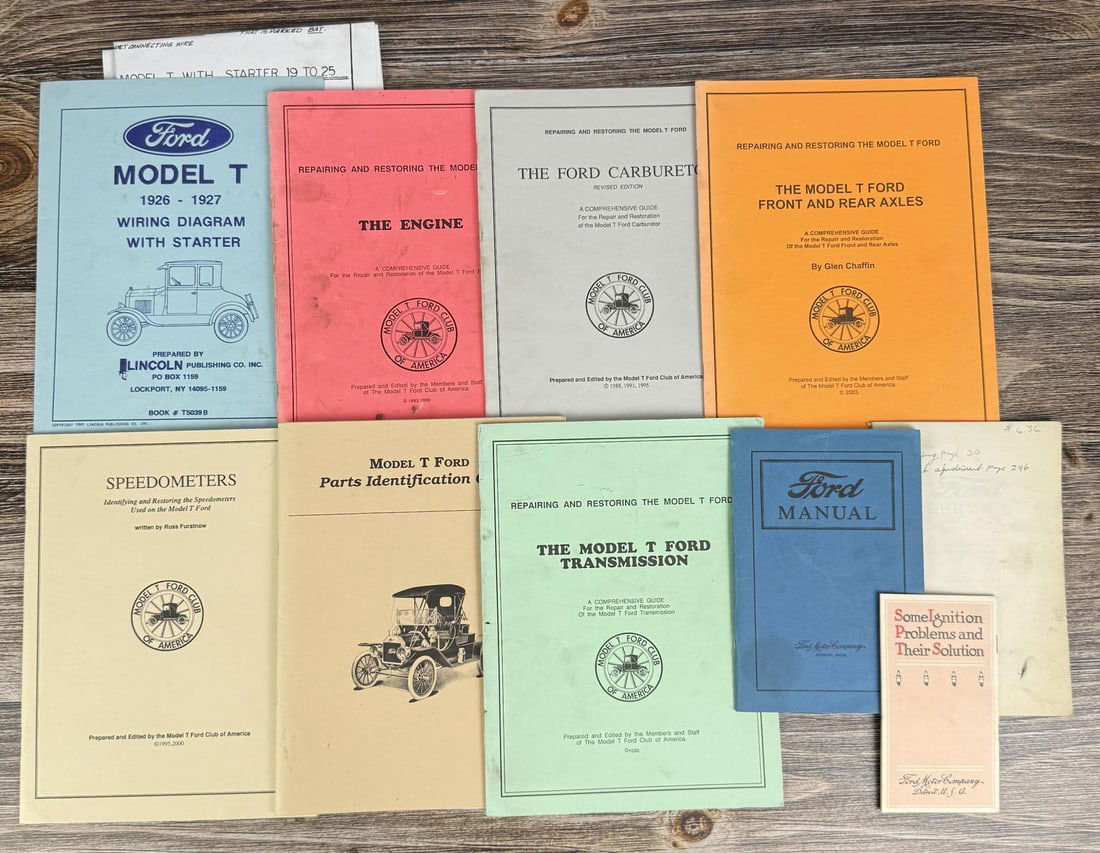 Ford Model T Repair Manuals: Nice grouping. Items include wiring diagrams, engine repair guides, carburetor manuals, and parts identification books.