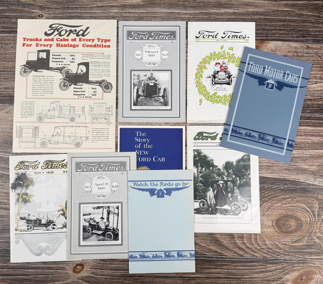 Ford Motor Company Advertisements and Catalogs: The collection includes various reprinted materials such as a truck advertising sheet, Ford Times issues, and a "Ford Motor Cars" booklet.