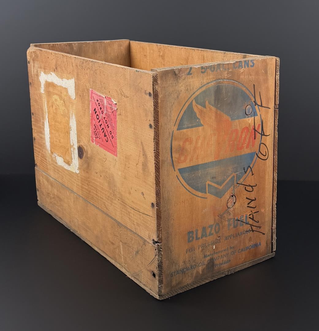 Chevron Blazo Fuel Oil Can Wood Crate Box: 21 1/4" by 14 3/4" by 10 5/8"
