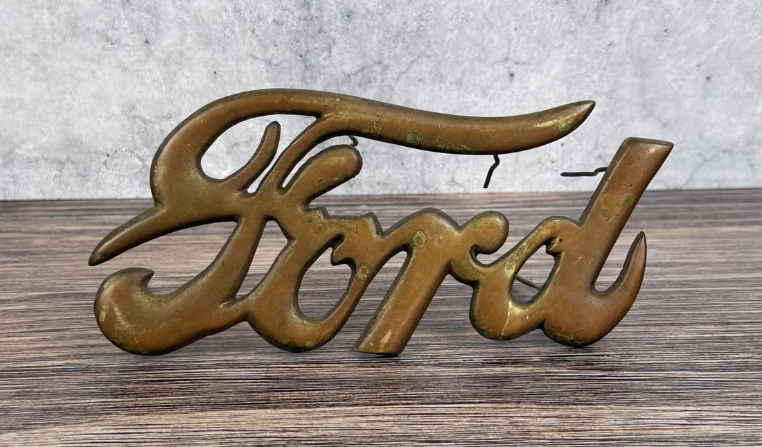 Ford Model T Brass Radiator Emblem Script: 7" by 3 1/8" by 2 1/2"