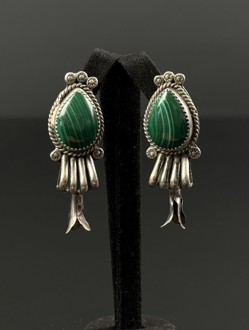 Navajo Sterling Silver Malachite Earrings: 15.54 grams. 1 7/8" long.