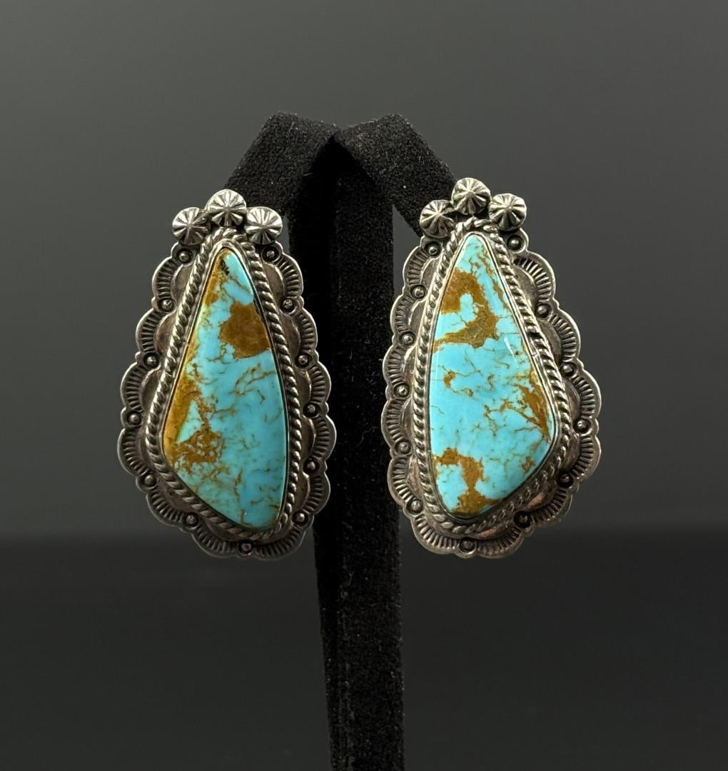 Navajo Sterling Silver Turquoise Earrings: Exceptional stones. 22.87 grams. 1 5/8" by 1"