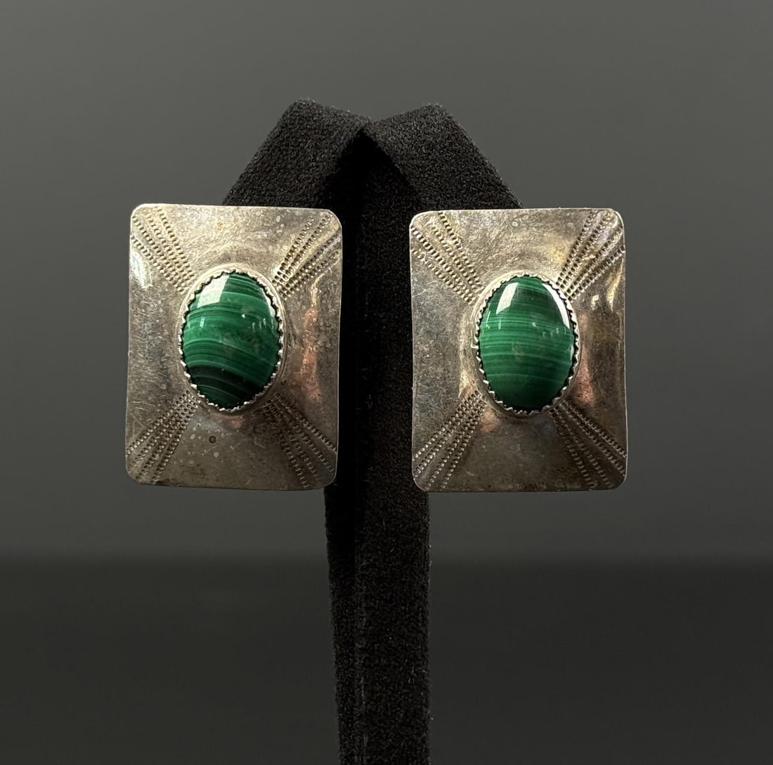 Ben Boyd Navajo Sterling Silver Malachite Earrings: 1" by 7/8". 8.14 grams total weight.