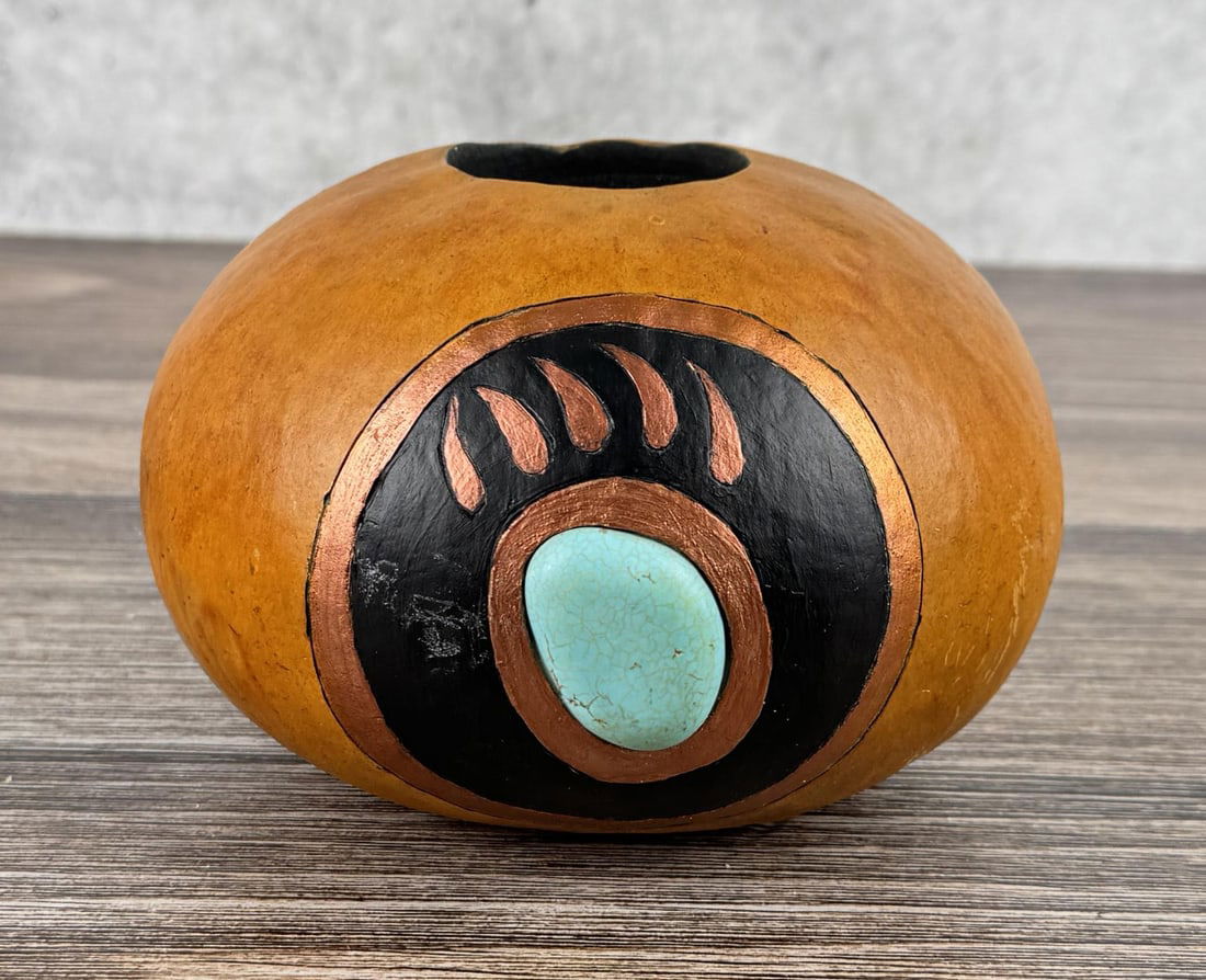 Native American Indian Painted Gourd: 6 1/2" by 6 1/4" by 4 1/4". Signed.