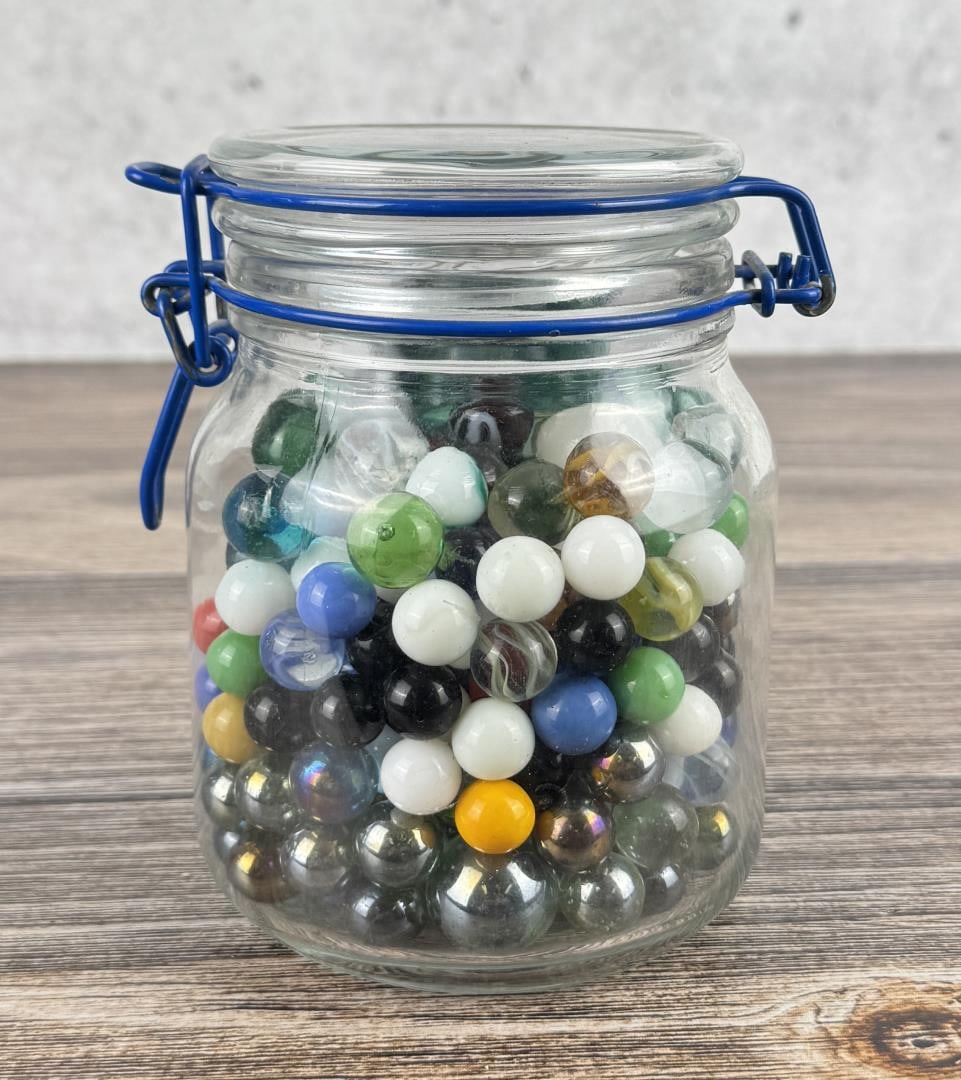 Jar of Vintage Marbles: Nice grouping in jar.