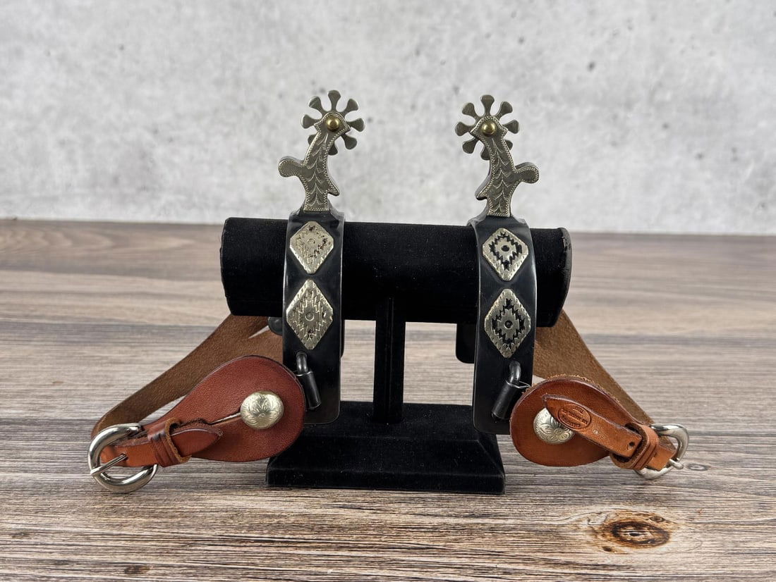 Colorado Silver Mounted Cowboy Spurs: Champion Los Angeles Straps. 6" long.