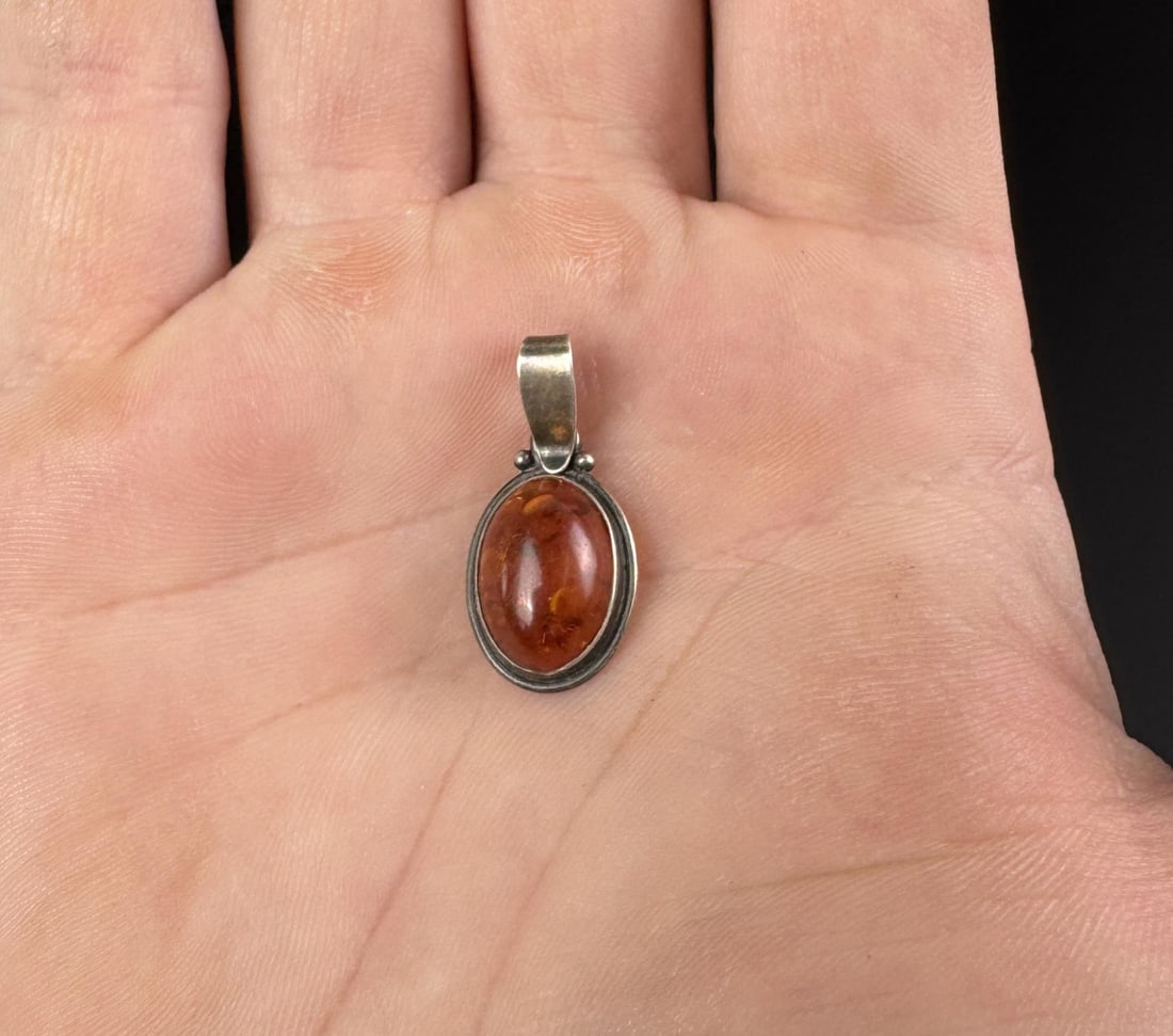 Sterling Silver Baltic Amber Pendant: 1" by 1/2"