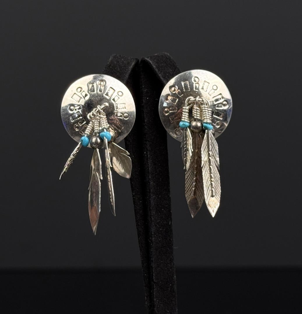 Navajo Sterling Silver Shield Feather Earrings: 1 3/4" long. 9.71 grams.