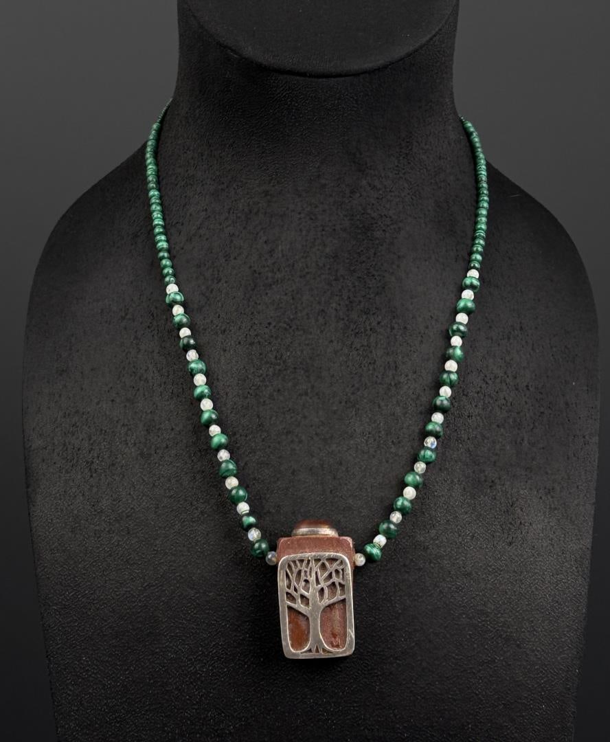 Sterling Silver Malachite Tree of Life Necklace: 12 1/2" long as displayed.