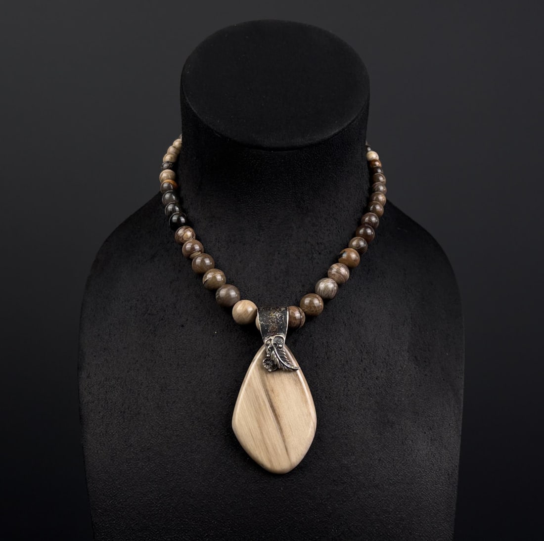 Sterling Silver Petrified Wood Ball Necklace: 12" long as displayed but adjustable further.