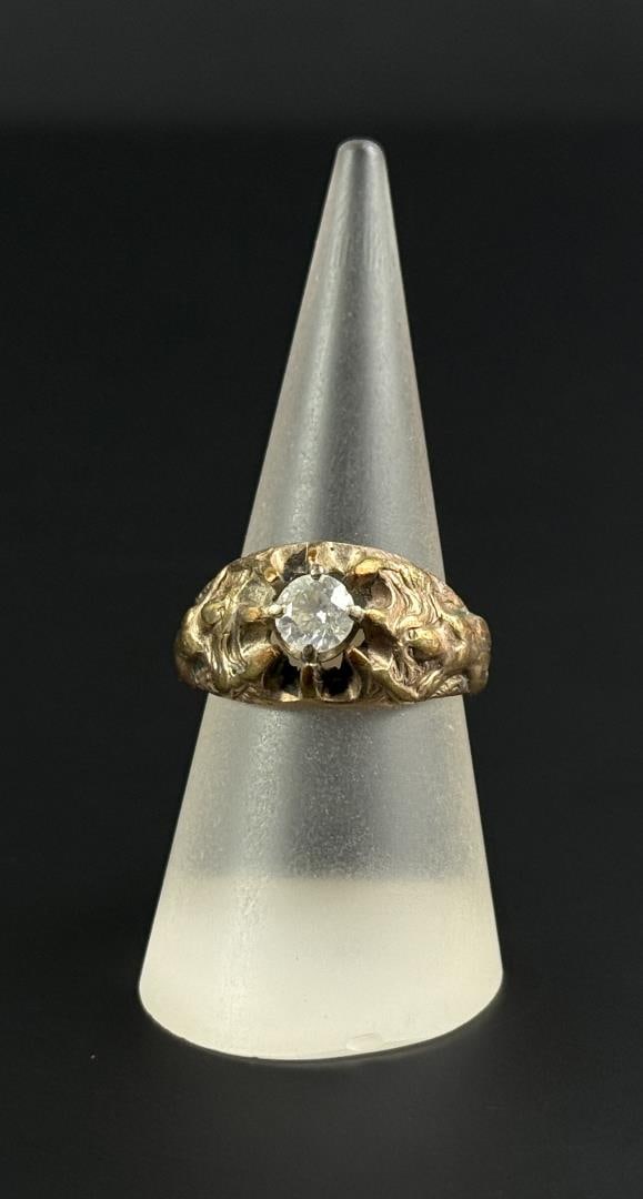 Nude Art Nouveau 9k Gold Diamond Ring: Has wear as shown, as expected with 9k. 7.75 grams. Size 9. Lot requires payment via non credit card only.