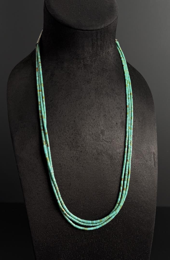 Pueblo Rolled Turquoise Necklace: 14 1/2" long as displayed.