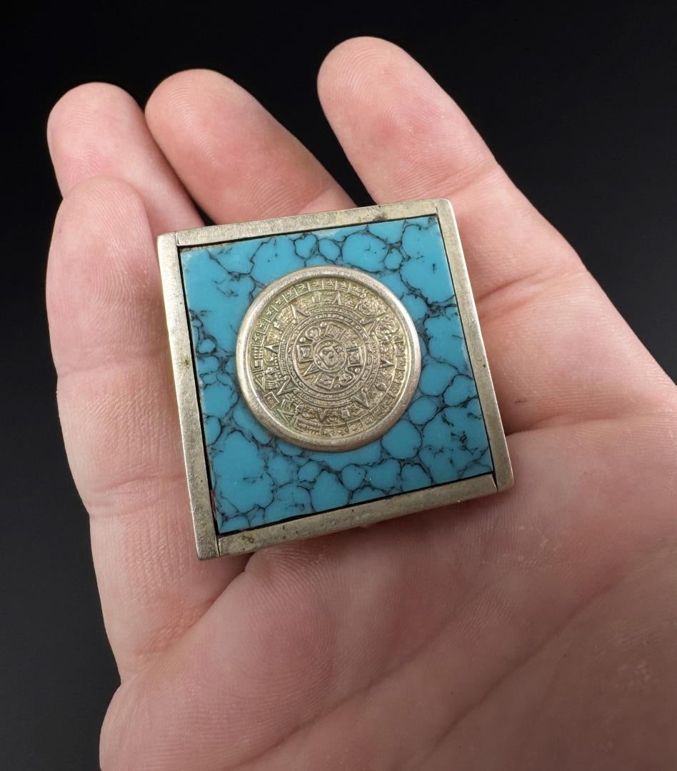 Mexican Alpaca Turquoise Inlaid Box: 1 1/2" by 1 1/2" by 5/8".