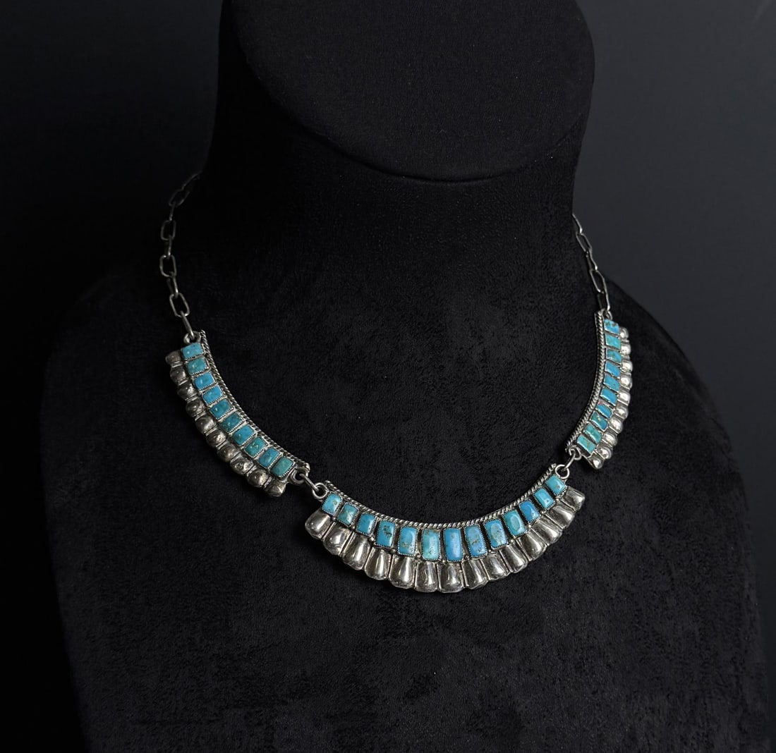 Zuni Petit Point Sterling Turquoise Necklace: 33 grams. 9 1/8" long as displayed.