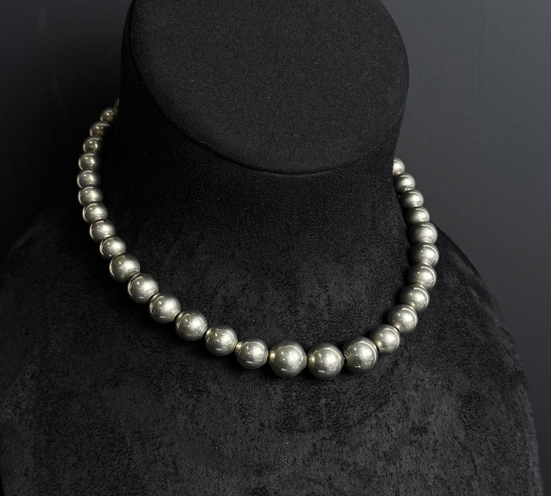 Taxco Mexico Sterling Silver Ball Bead Necklace: 8 5/8" long as displayed. 58 grams.