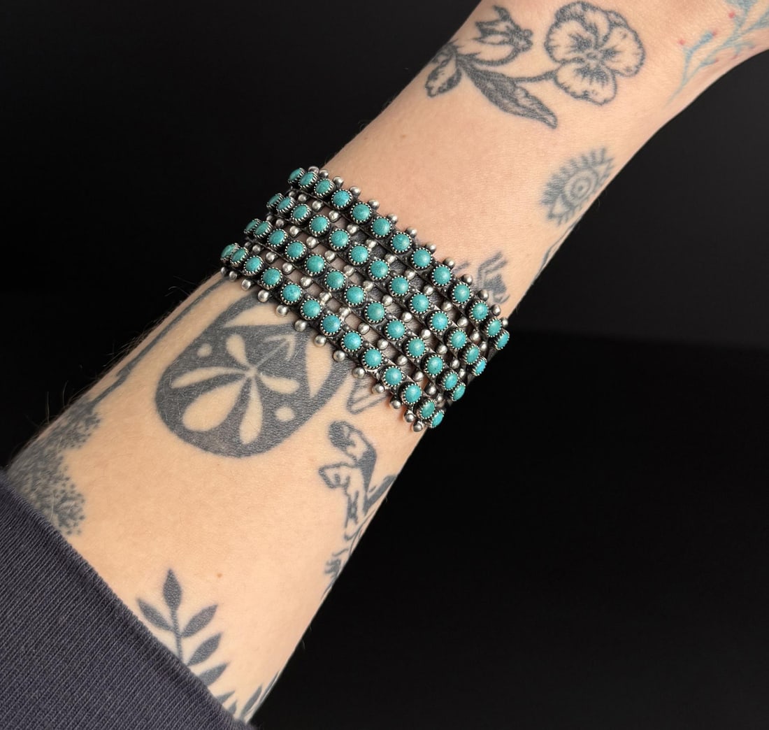 Zuni Snake Eye Turquoise Sterling Bracelet: 5 1/2" inner circumference. 47.19 grams.