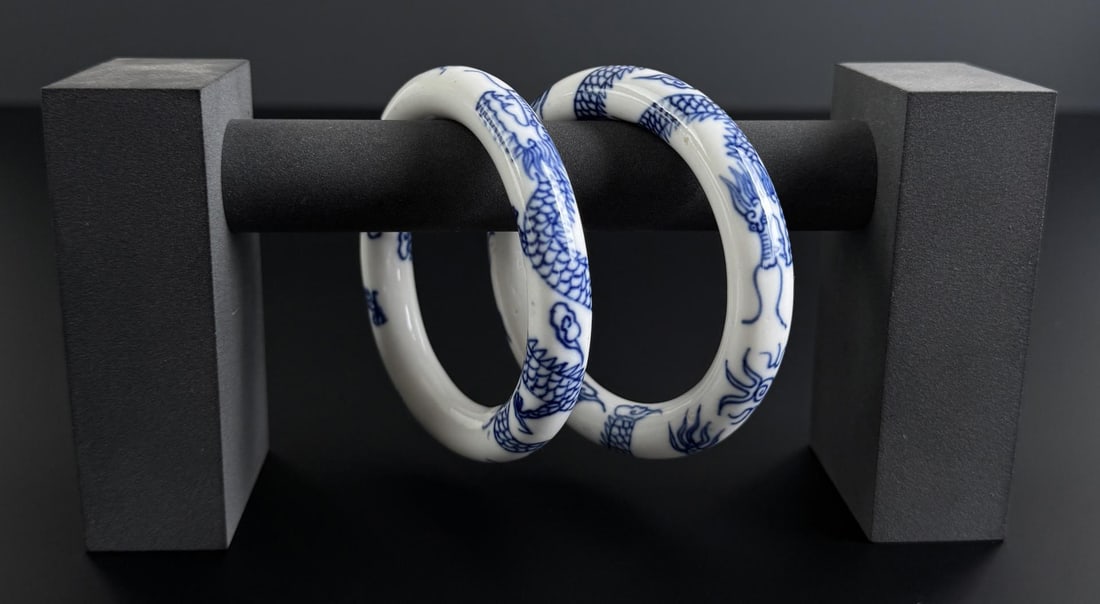 Chinese Blue and White Porcelain Dragon Bracelets: 8 1/4" inner circumference.
