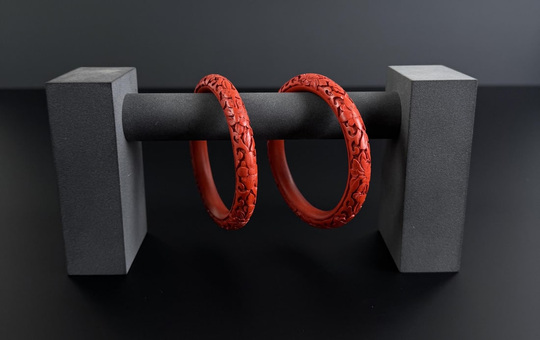 Chinese Carved Cinnabar Bracelets: Nice grouping. 8" inner circumference.