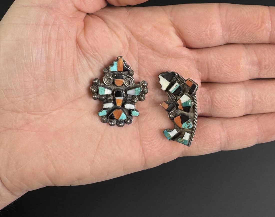 Zuni Sterling Inlaid Knifewing Dancer Brooches: 11.21 grams. Attributed to Merle Edaakie
