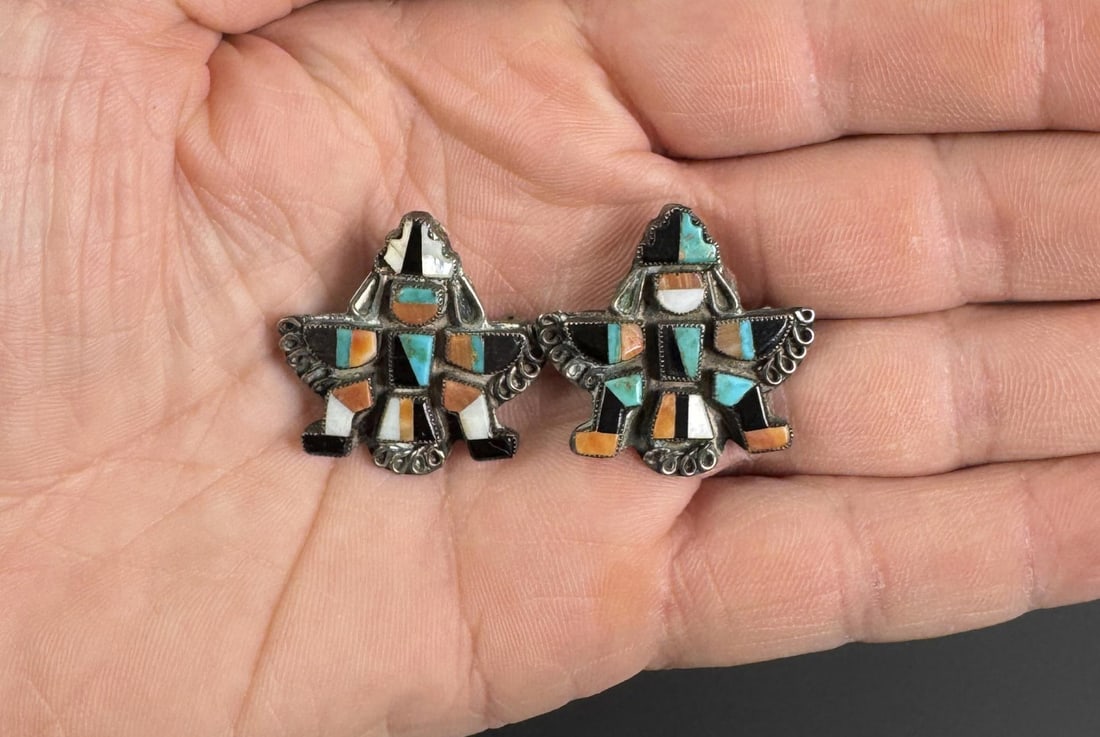 Zuni Sterling Inlaid Knifewing Dancer Brooches: 8.9 grams. Attributed to Merle Edaakie