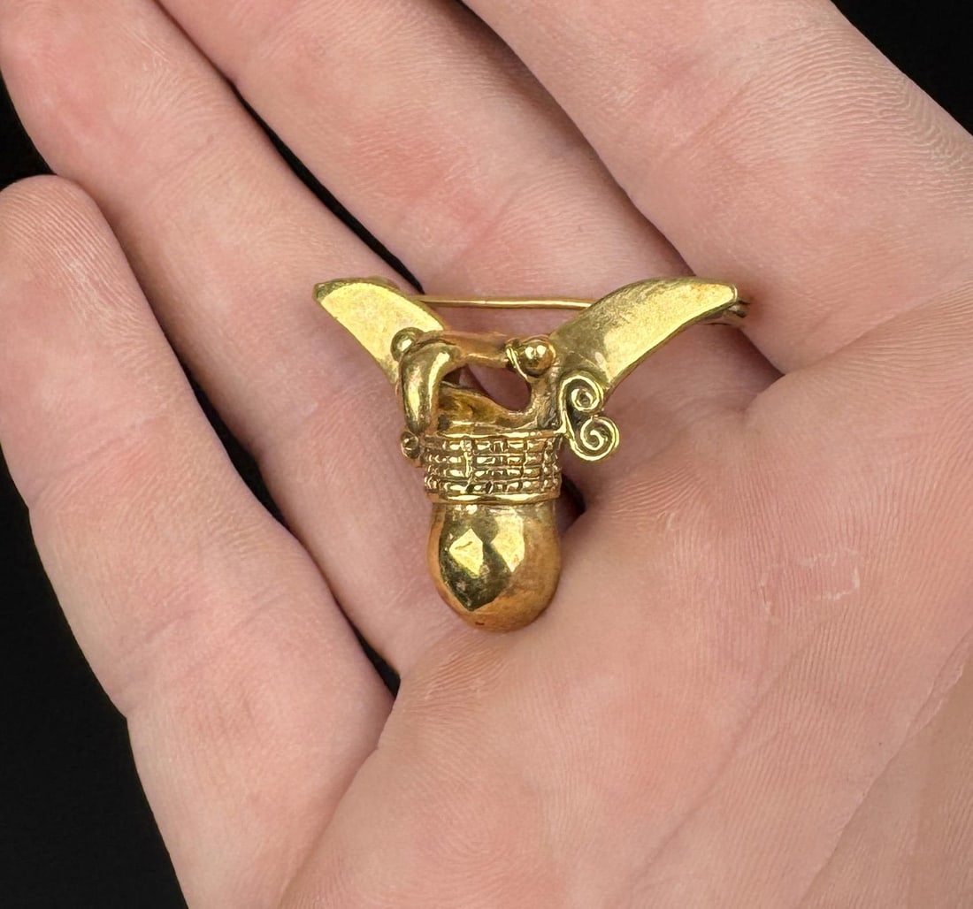 Pre Columbian Style Tairona Tumbaga Bird Brooch: 6.7 grams. 1 1/4" by 1" by 1/2". XRF Tests as 2% gold. Age unknown.