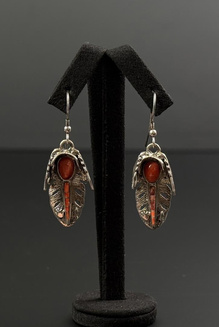 Zuni Sterling Silver Coral Feather Earrings: 10.76 grams. 1 1/2" long.