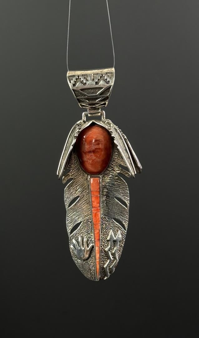 Zuni Sterling Silver Coral Feather Pendant: 61.16 grams. 4 1/8" by 1 1/2"
