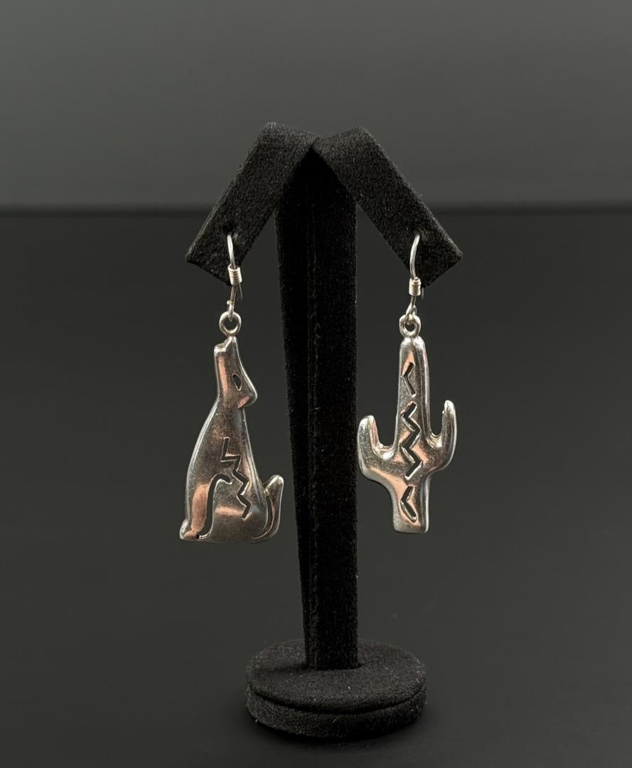 Sterling Silver Coyote Cactus Earrings: 1 1/2" long.