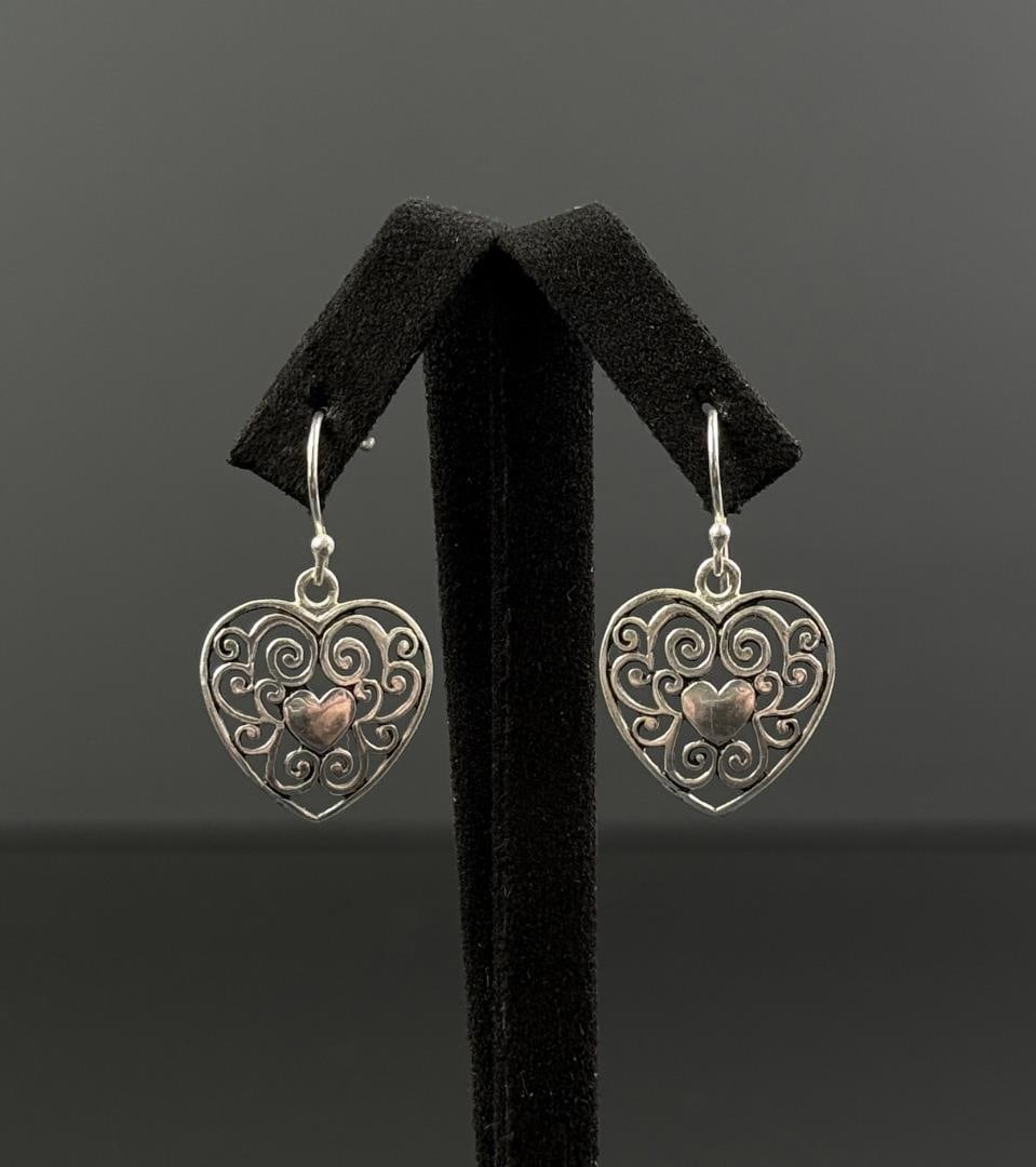 Sterling Silver Heart Earrings: 1 1/8" long.