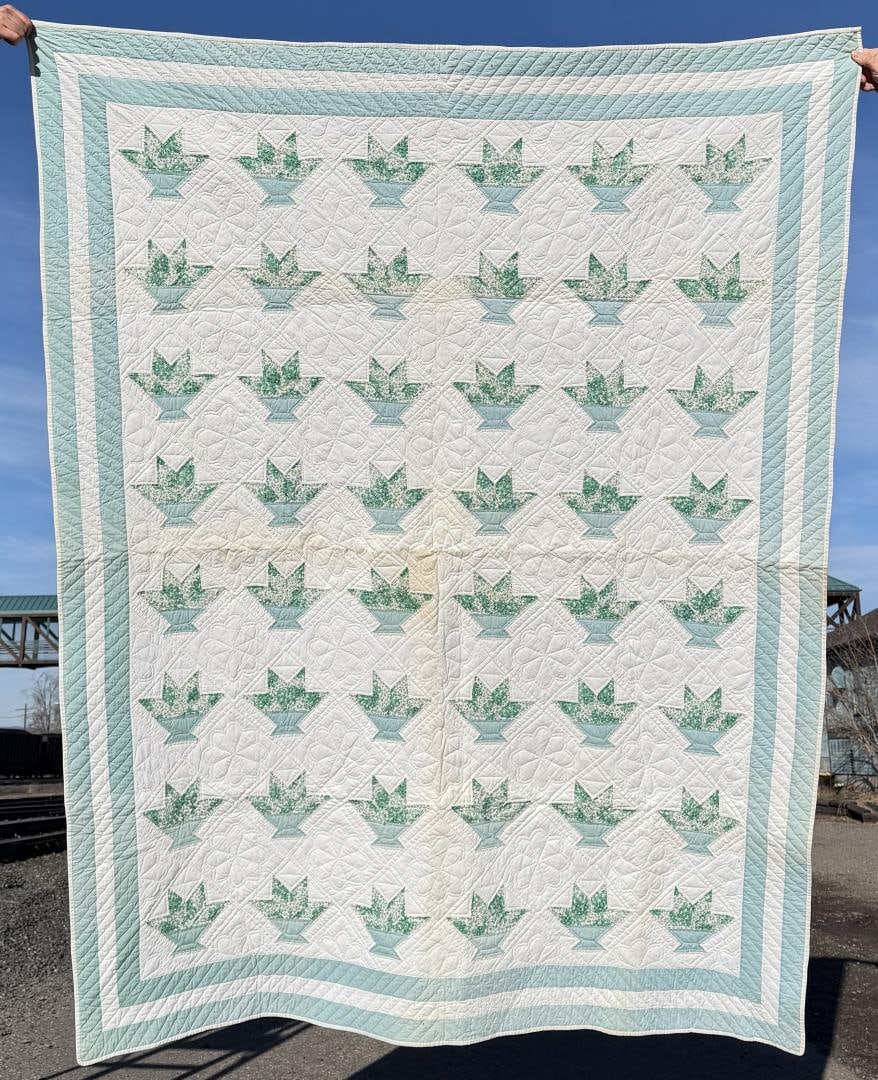 1940s Cactus Flower Basket Quilt: 69 1/2" by 89".