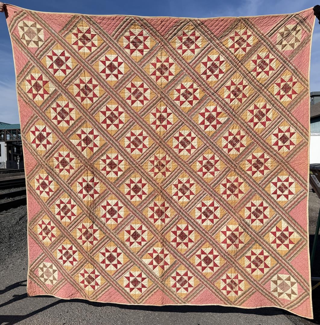 1870s Pennsylvania Eight Point Star Quilt: 99" by 102".