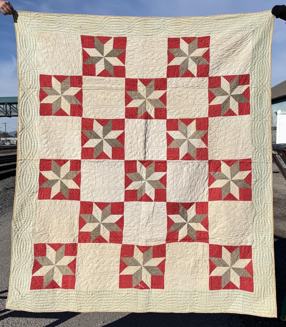 1897 Pennsylvania Lemoyne Star Quilt: Signed and Dated May 12 1897. 64 1/2" by 75".