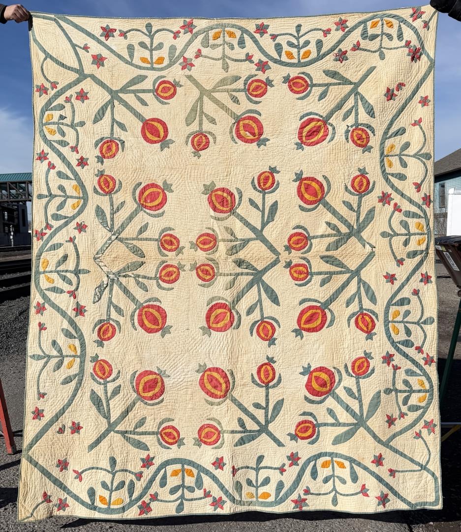 1870s Pennsylvania Pomegranate Quilt: 77" by 93".
