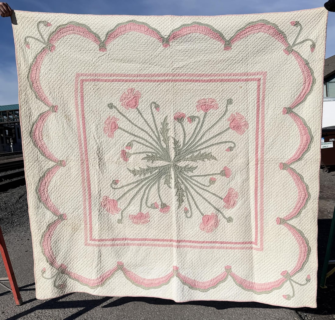 1930s Marie Webster Pink Poppy Quilt: 78" by 78".