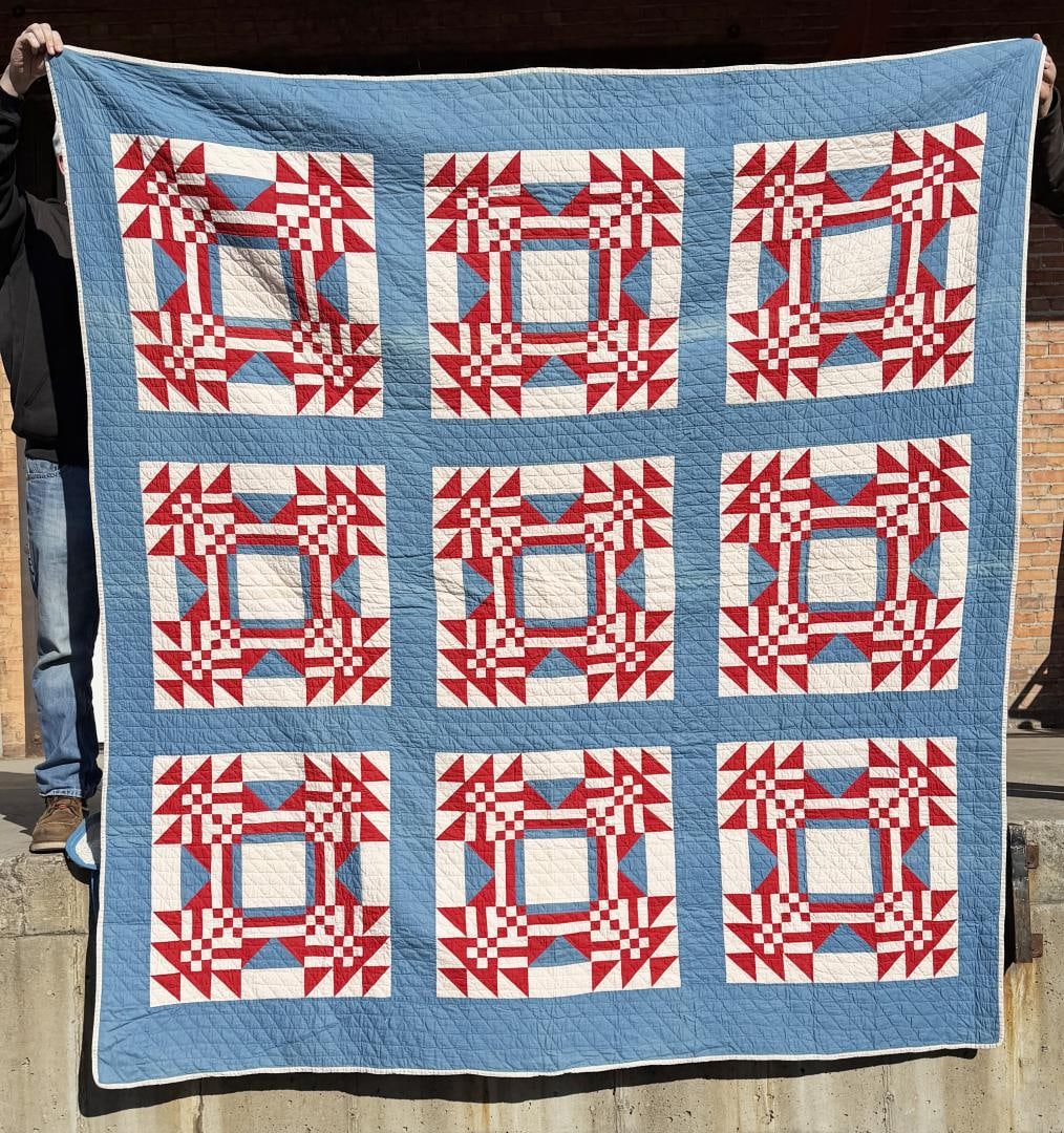 1910s Pennsylvania Young Mans Fancy Quilt: 79 1/2" by 86". Red White and Blue Patriotic.