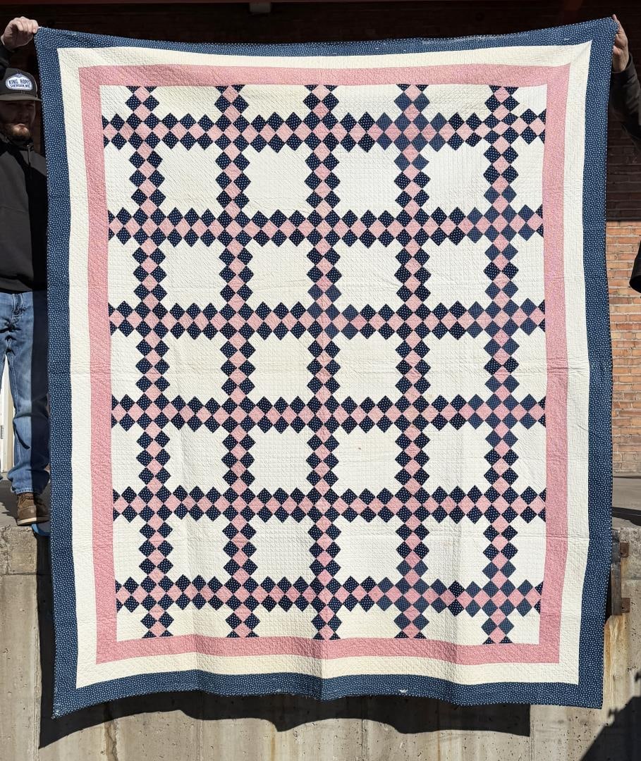 1890s Pennsylvania Irish Chain Quilt: 73 1/2" by 91". Signed on the back as shown, possible ownership history. Possibly Mennonite.