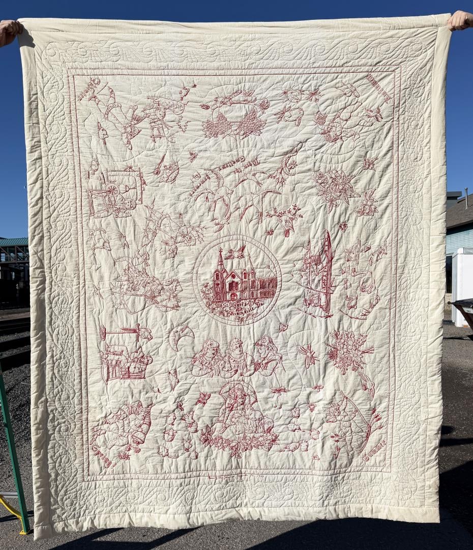 Max Johannes Pennsylvania Redwork Quilt: 72 1/2" by 89 1/2". Signed Max Johannes Averyville Pennsylvania 1908. 4 Seasons Pattern as the artist is known for. Max Johannes (American, born Germany, 1856?1918)