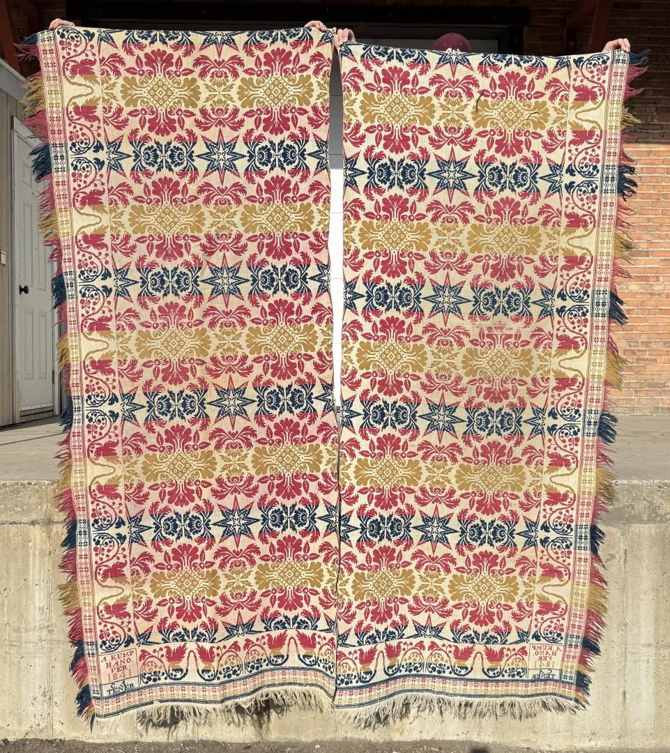 Andrew Kump Hanover Pennsylvania Coverlet: 86" by 99". Two Piece, pieces have separated with time. 4 Color. Dated 1841.