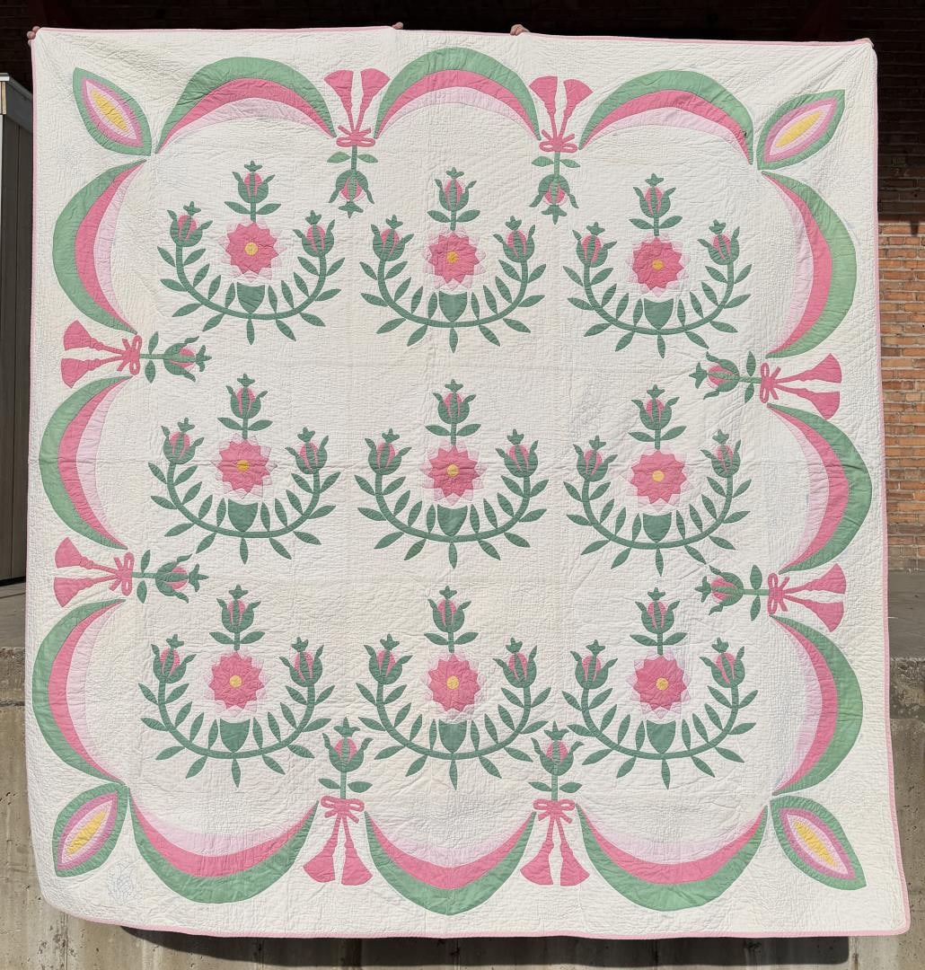 1920s Pennsylvania Wild Rose Applique Quilt: 90 1/2" by 96".