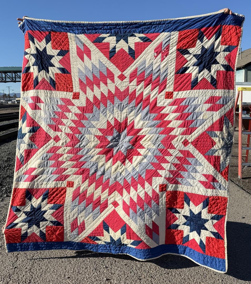 1880s Pennsylvania Star of Bethlehem Quilt: Red, White and Blue Patriotic Variant. 71" by 80".