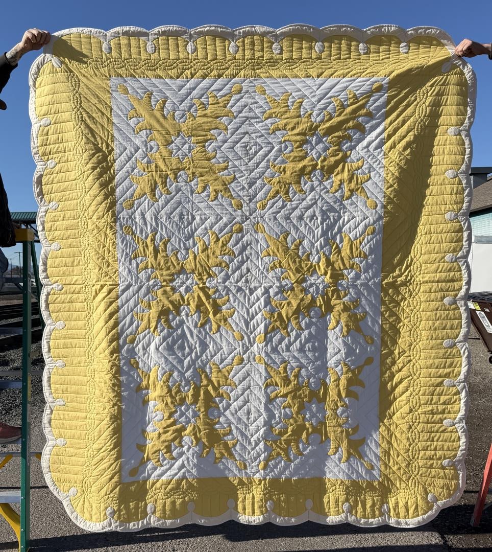 1930s Hawaiian Applique White and Yellow Quilt: 84 1/2" by 95"