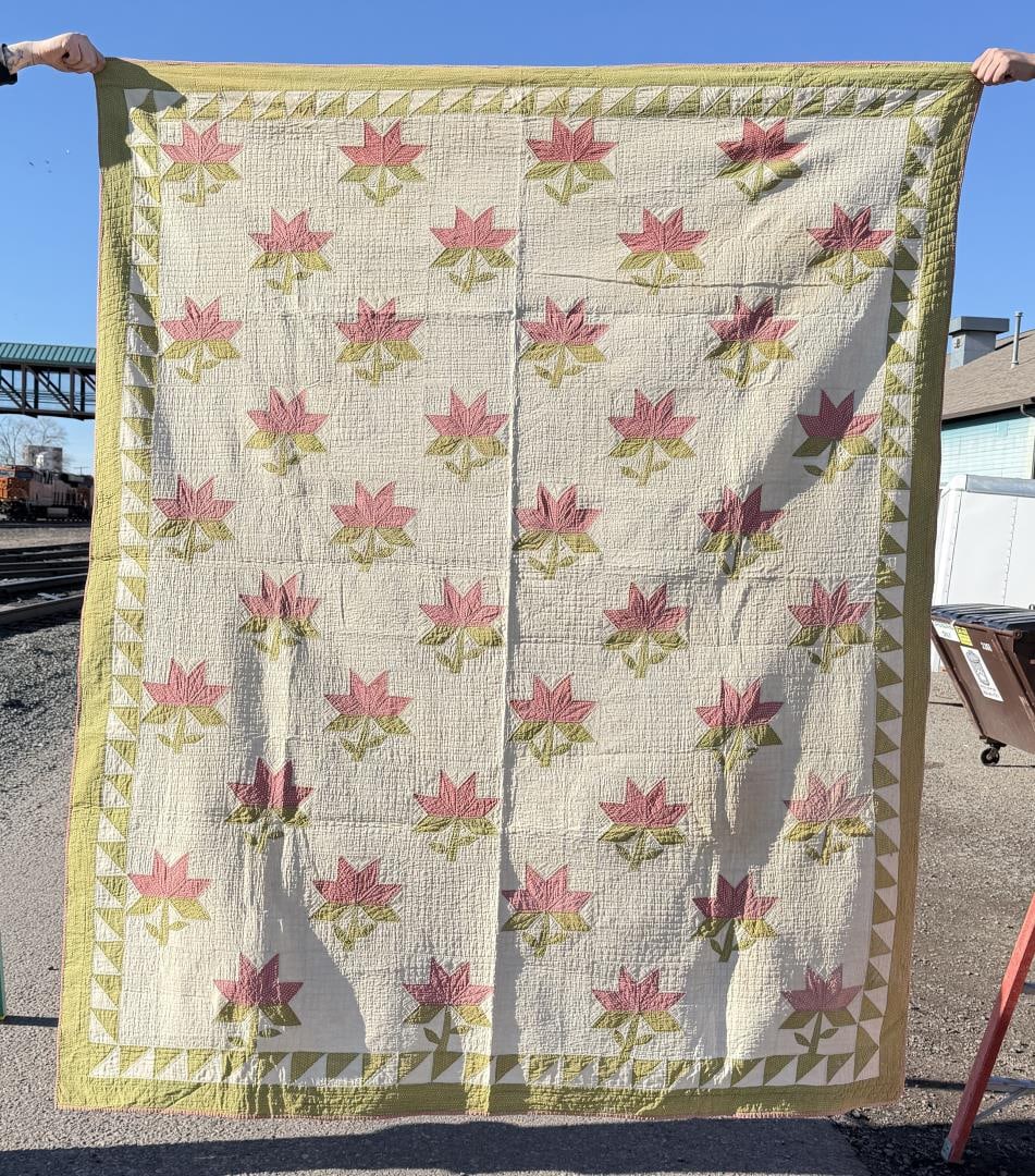 1880s Pennsylvania Applique Tulip Quilt: 72" by 89".