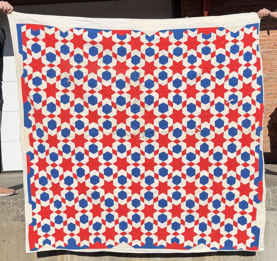 1890s Pennsylvania Red White Blue Patriotic Quilt: 73" by 74"