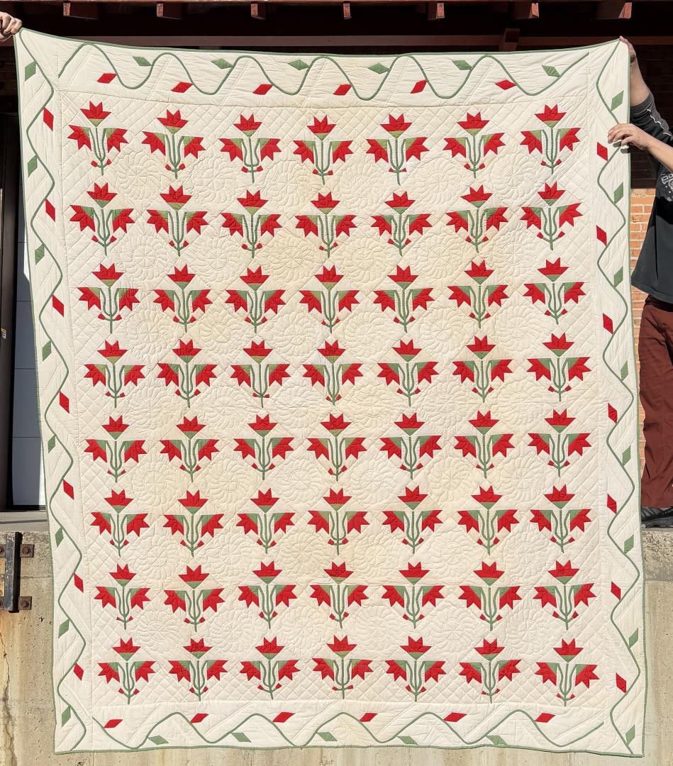 1890s Pennsylvania Carolina Lily Wedding Quilt: 89" by 106".