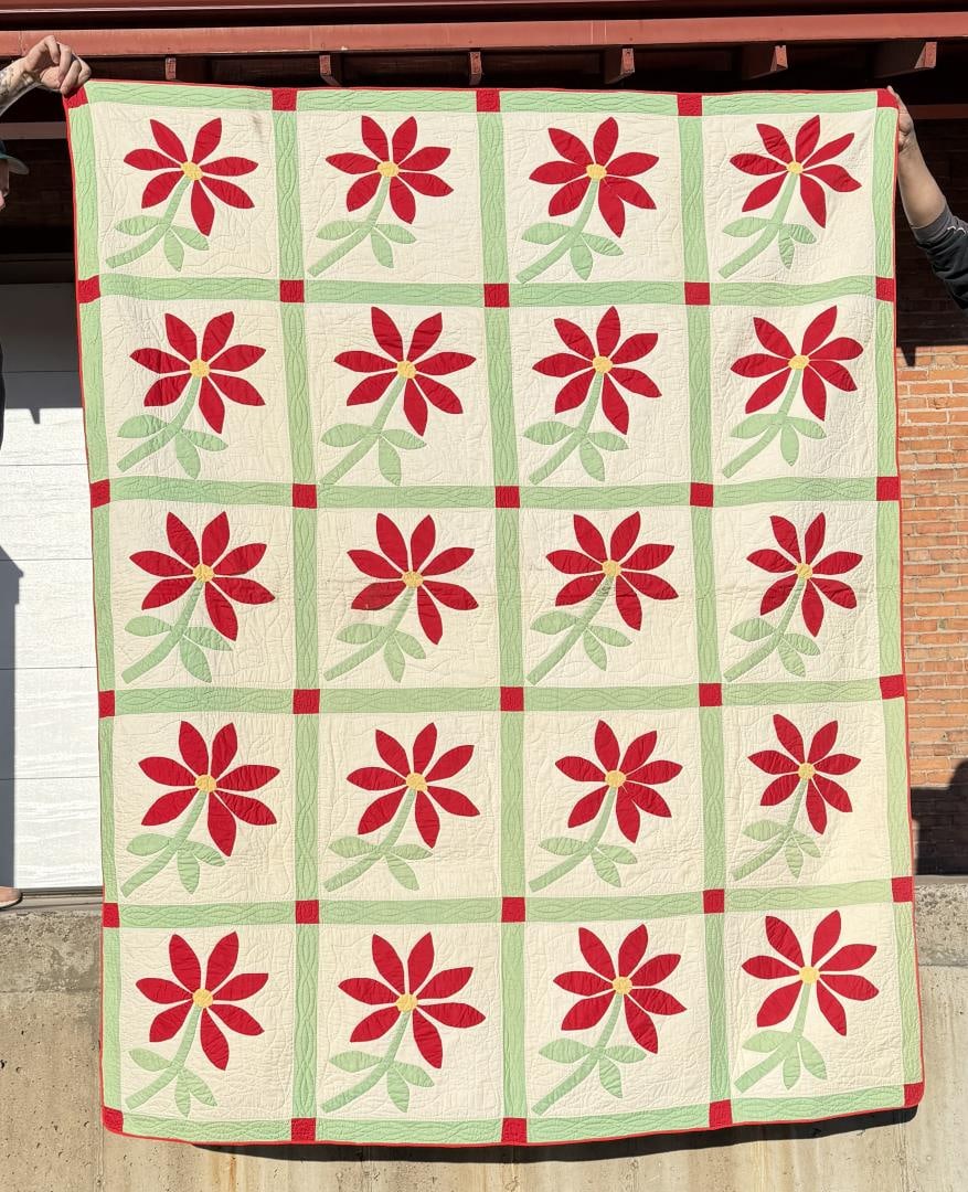 1920s Pennsylvania Poinsettia Quilt: 68" by 87 1/2"