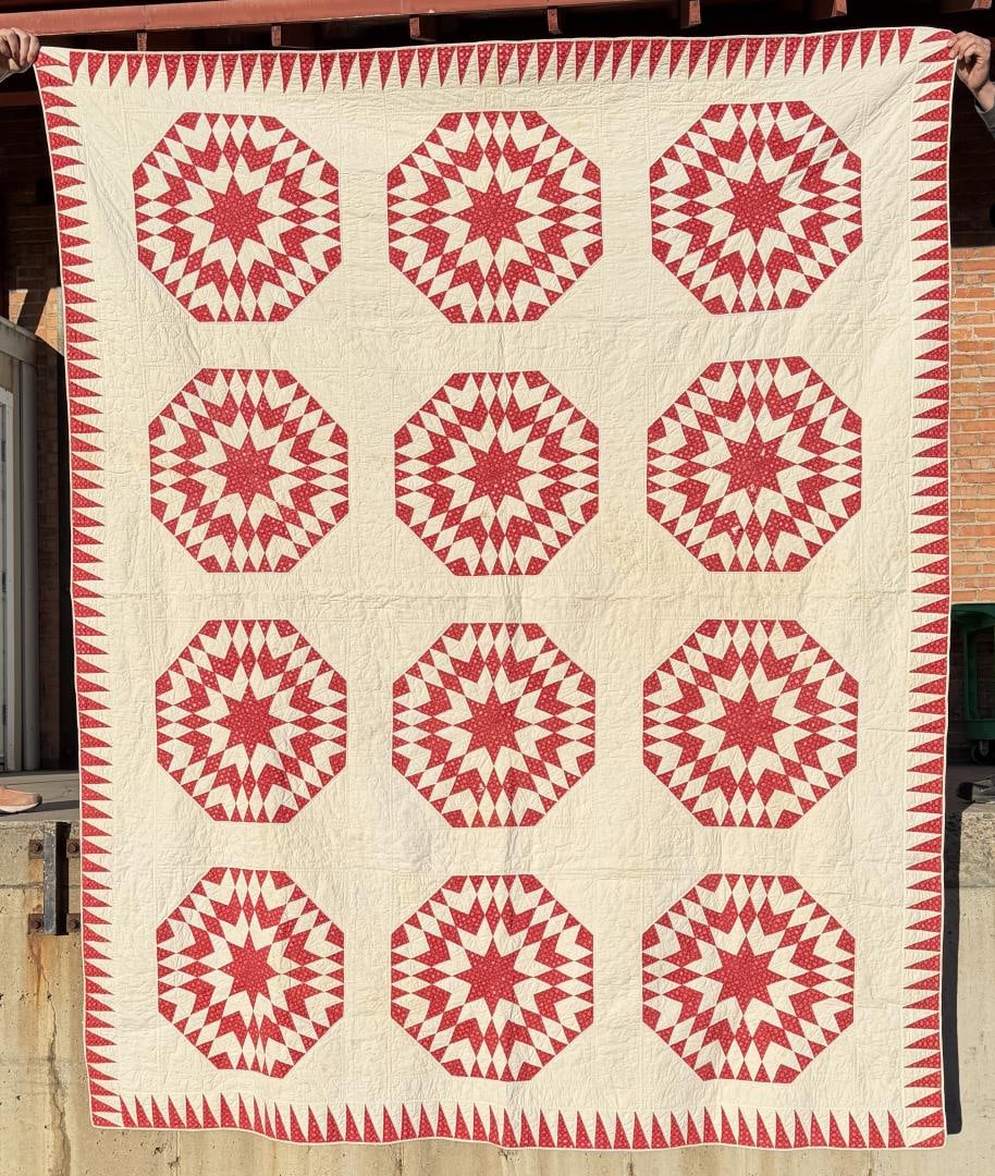 1880s Pennsylvania Chintz Star Red & White Quilt (1 of 14)