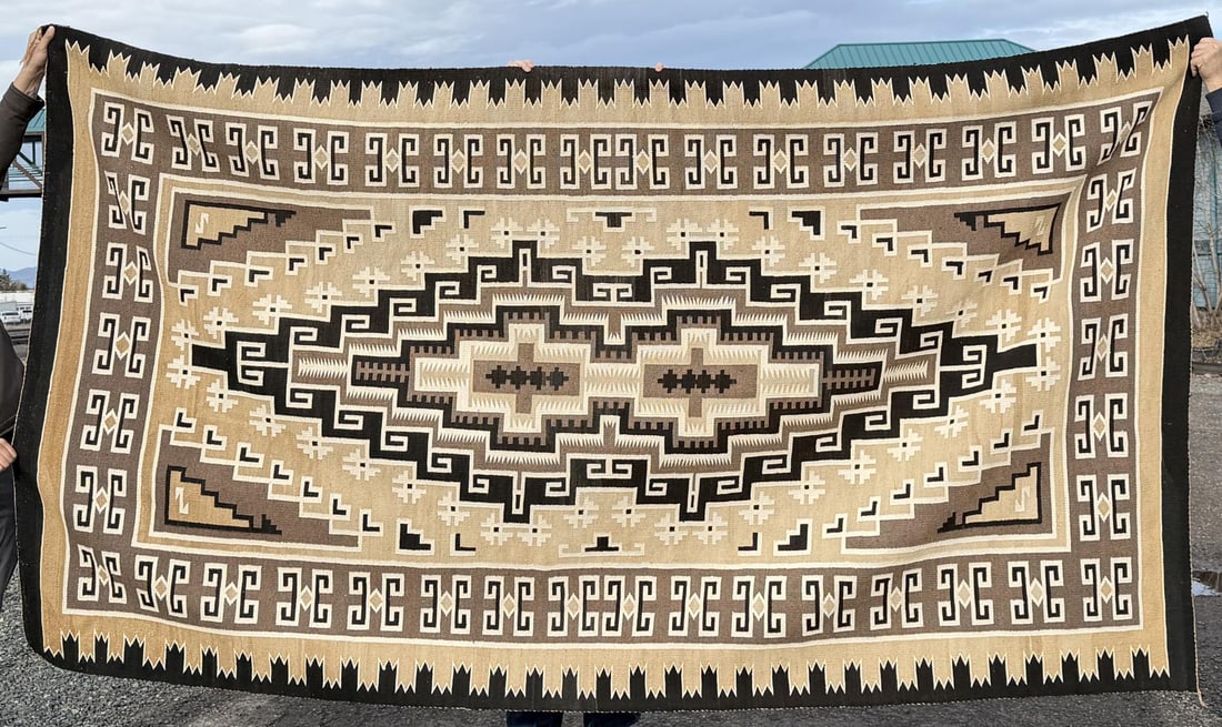 Exceptional Room Size Navajo Two Grey Hills Rug: 66 1/2" by 114". Has an attached sleeve for hanging on the wall.