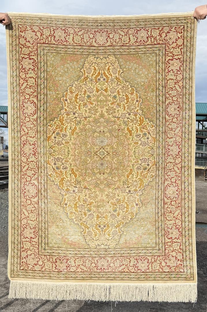 Kerman Iran Silk Persian Oriental Rug: 50" by 69 1/2" without fringe.